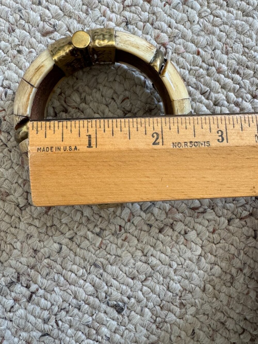 Vintage Bone Brass Wood Bangle Bracelet with Hinge and Pin Latch - Picture 6 of 8